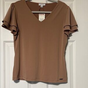 Calvin Klein Women's Brown V-Neck Flutter Sleeve Top